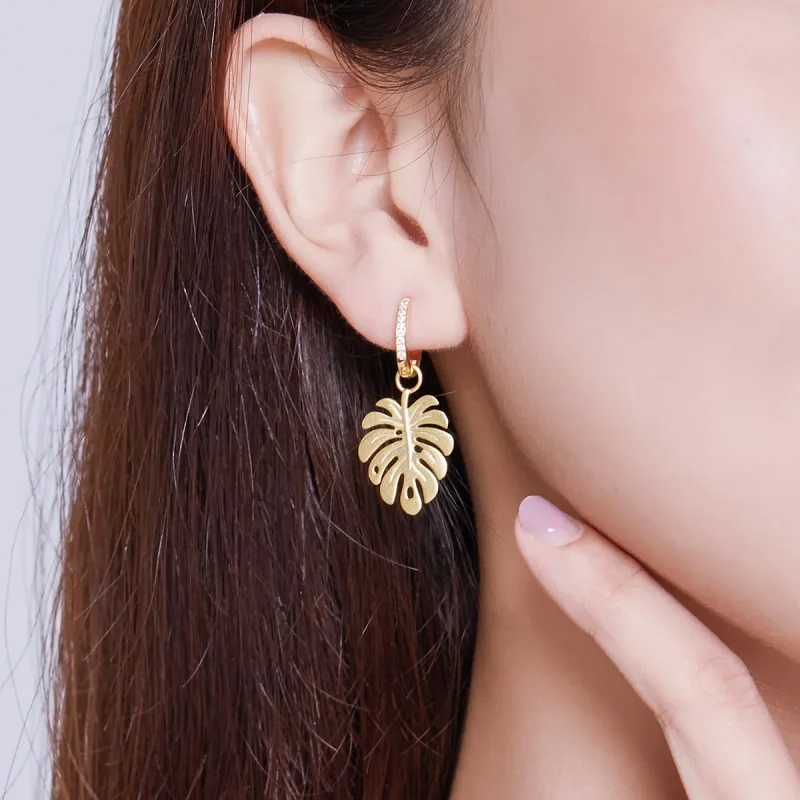 (imagine pentru) Cercei lungi Tip Pandora cu Frunza Monstera placat cu aur de 14 k - BSE223 - Vizualizare 7