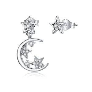 (imagine pentru) Cercei lungi Tip Pandora cu Lună stea strălucitoare asimetrică din argint - SCE813