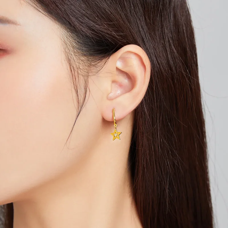 (imagine pentru) Cercei lungi Tip Pandora cu Stea stralucitoare placat cu aur de 14 k - SCE1077-O - Vizualizare 3