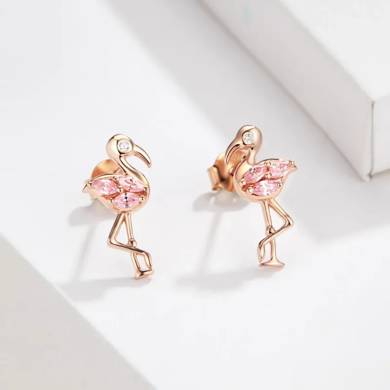 (imagine pentru) Cercei Tip Pandora cu Flamingo din aur rose - BSE120 - Vizualizare 4