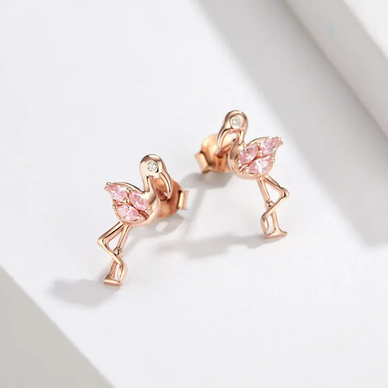 (imagine pentru) Cercei Tip Pandora cu Flamingo din aur rose - BSE120 - Vizualizare 5
