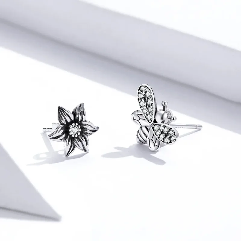 (imagine pentru) Cercei Tip Pandora cu Fluture Și Floare din argint - SCE884 - Vizualizare 4