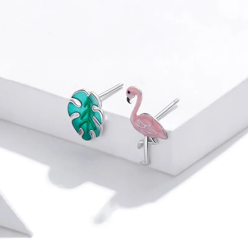 (imagine pentru) Cercei Tip Pandora cu Frunze și flamingo din argint - SCE1124 - Vizualizare 3