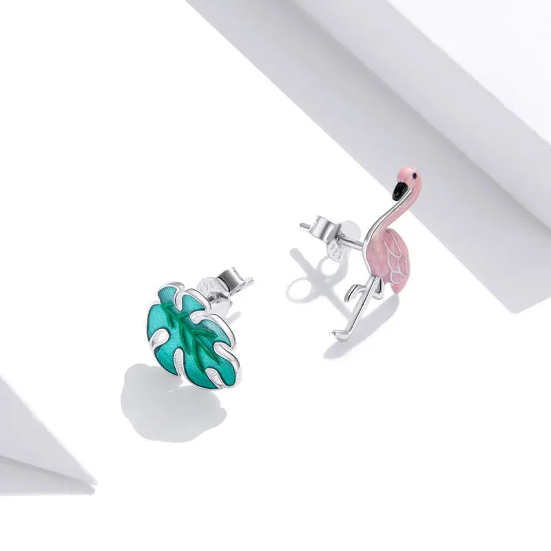 (imagine pentru) Cercei Tip Pandora cu Frunze și flamingo din argint - SCE1124 - Vizualizare 4