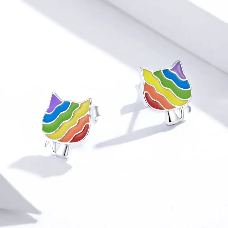 (imagine pentru) Cercei Tip Pandora cu Rainbow Kitty din argint - SCE823 - Vizualizare 4