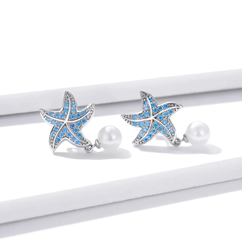 (imagine pentru) Cercei Tip Pandora cu Stea de mare cu perle din argint - BSE405 - Vizualizare 2
