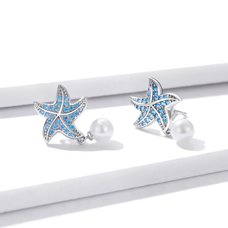 (imagine pentru) Cercei Tip Pandora cu Stea de mare cu perle din argint - BSE405 - Vizualizare 3
