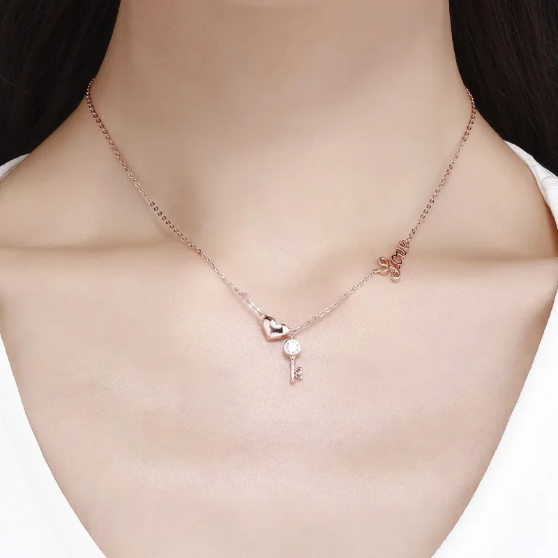 (imagine pentru) Colier Tip Pandora cu Cheia Inimii din aur rose - SCN292 - Vizualizare 5