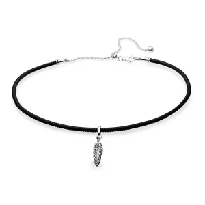 (imagine pentru) Choker PANDORA din piele neagră & Pană