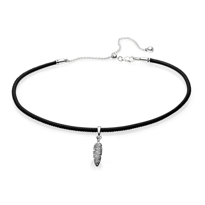 (imagine pentru) Choker PANDORA din piele neagră & Pană