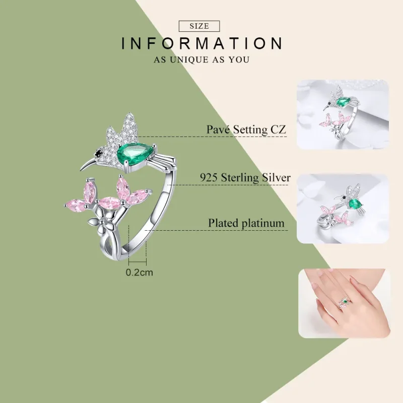 (imagine pentru) Deschide inele Dar de colibri din argint - BSR016 - Vizualizare 7