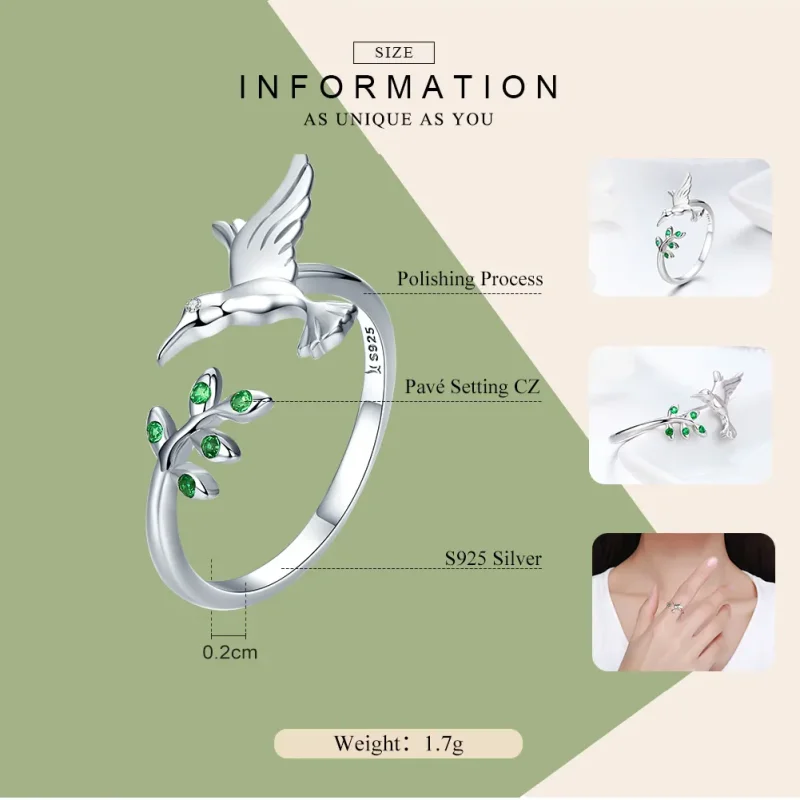 (imagine pentru) Deschide inele Salutări de la colibri din argint - SCR323 - Vizualizare 4