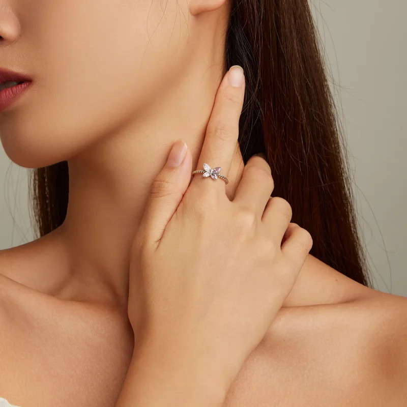 (imagine pentru) Inel deschis cu fluture roz în stil Pandora - SCR872 - Vizualizare 4