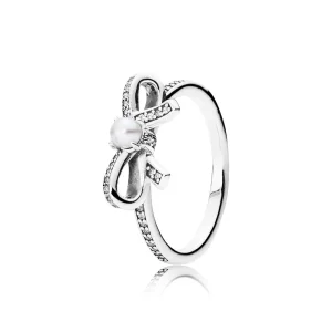 Bow silver ring with pearl and clear cubic zirconia - 190971P - (imagine pentru) Bow silver ring with pearl and clear cubic zirconia - 190971P -