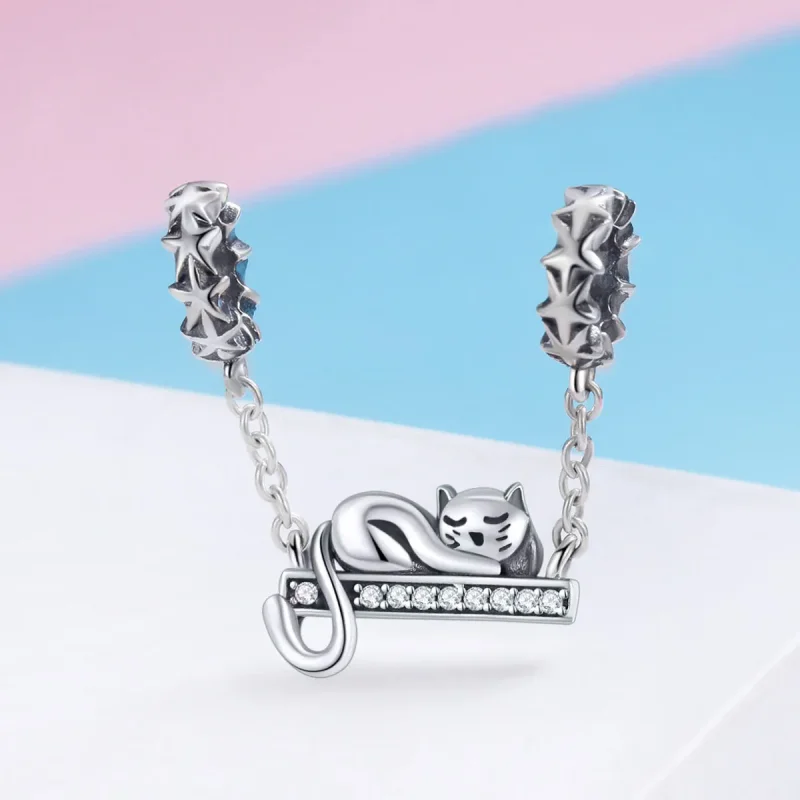 (imagine pentru) Pandora Style Lanț de Siguranță cu Pisică Adormată din Argint - SCC856 - Vizualizare 2