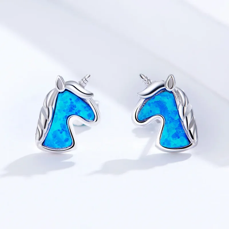 (imagine pentru) Cercei stil Pandora cu unicorn și opal albastru deschis - SCE815-A - Vizualizare 2