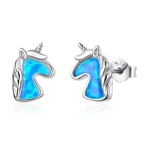 (imagine pentru) Cercei stil Pandora cu unicorn și opal albastru deschis - SCE815-A