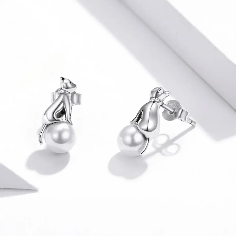 (imagine pentru) Pandora Style Cat Play Beads Stud Earrings - SCE1004 - Vizualizare 3