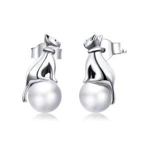 (imagine pentru) Pandora Style Cat Play Beads Stud Earrings - SCE1004