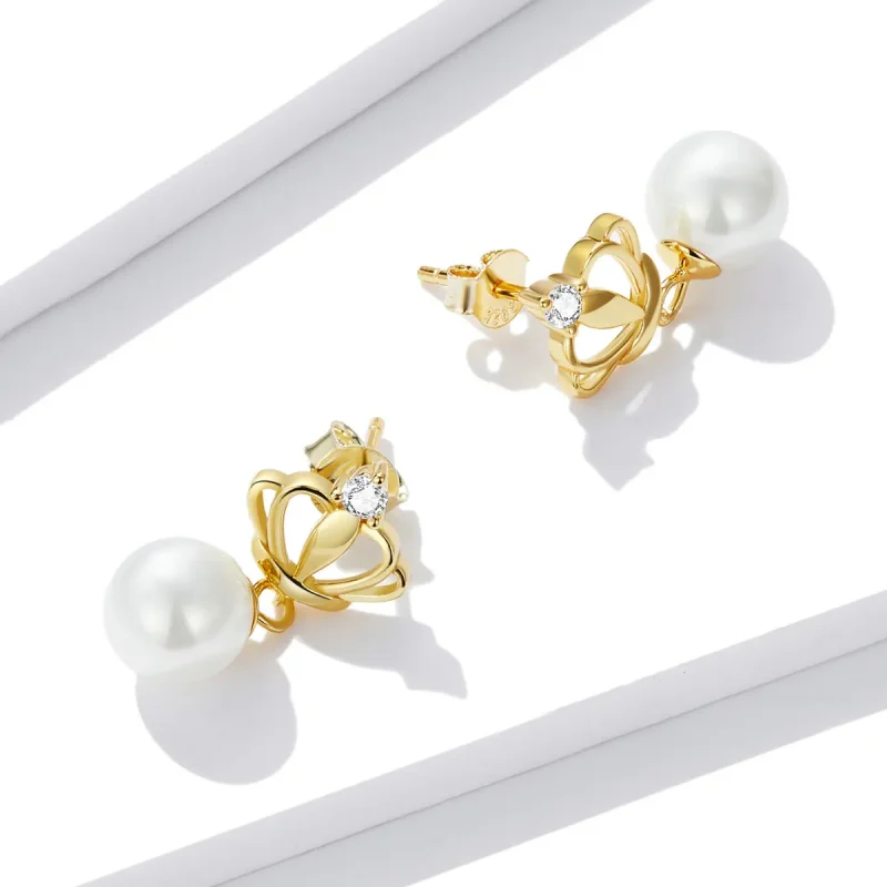 (imagine pentru) Pandora Style Crown Shell Beads Stud Earrings - BSE549 - Vizualizare 4