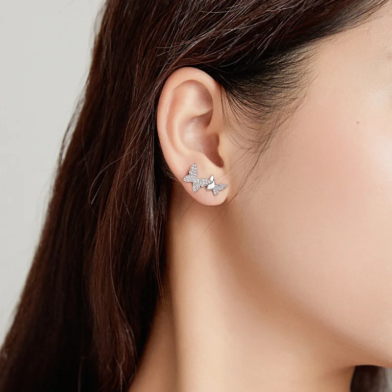 (imagine pentru) Pandora Style Double Butterfly Stud Earrings - SCE1070 - Vizualizare 3