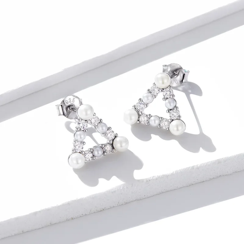 (imagine pentru) Pandora Style Pearl Triangle Stud Earrings - BSE215 - Vizualizare 4