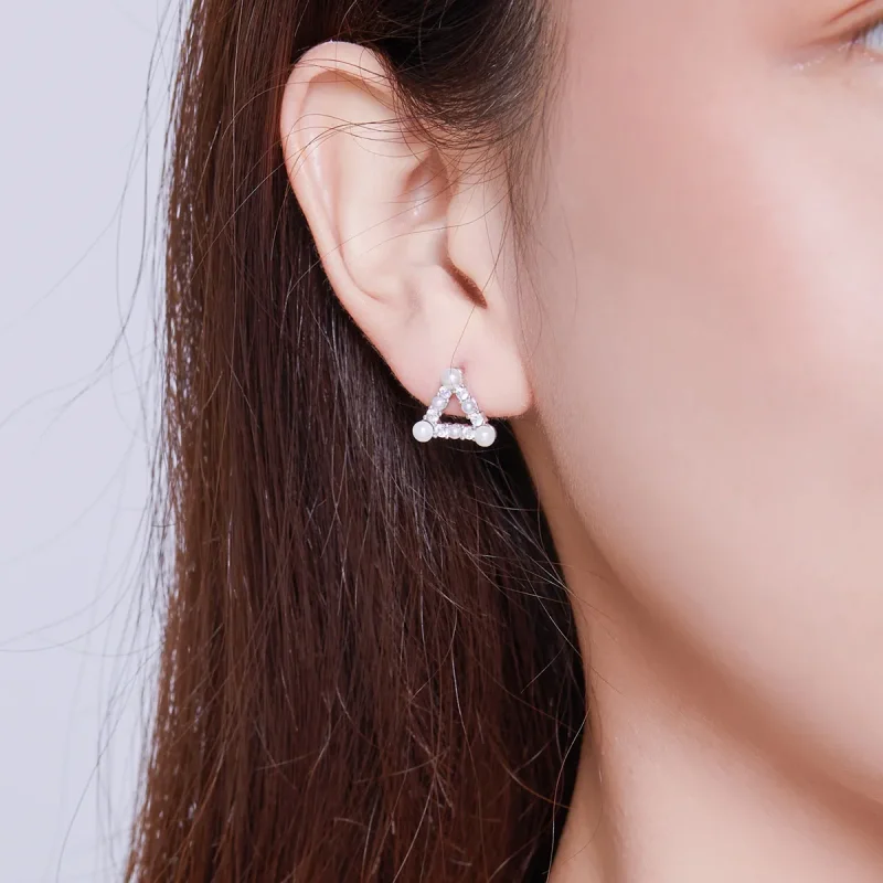 (imagine pentru) Pandora Style Pearl Triangle Stud Earrings - BSE215 - Vizualizare 5