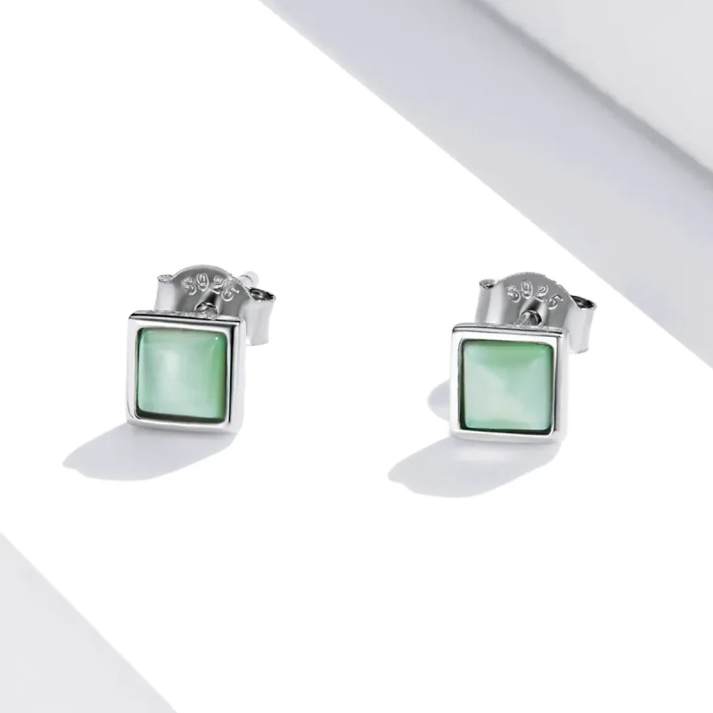 (imagine pentru) Pandora Style Simple Geometry - Green Cat's Eye Stud Earrings - SCE1269-GN - Vizualizare 2