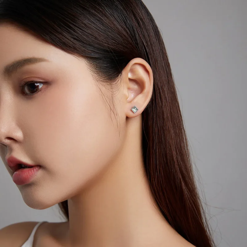 (imagine pentru) Pandora Style Simple Geometry - Green Cat's Eye Stud Earrings - SCE1269-GN - Vizualizare 3