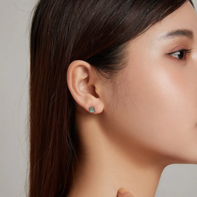 (imagine pentru) Pandora Style Simple Geometry - Green Cat's Eye Stud Earrings - SCE1269-GN - Vizualizare 4