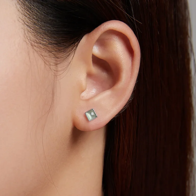 (imagine pentru) Pandora Style Simple Geometry - Green Cat's Eye Stud Earrings - SCE1269-GN - Vizualizare 5