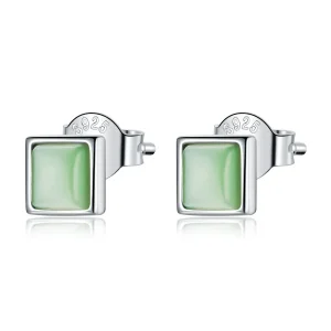 (imagine pentru) Pandora Style Simple Geometry - Green Cat's Eye Stud Earrings - SCE1269-GN