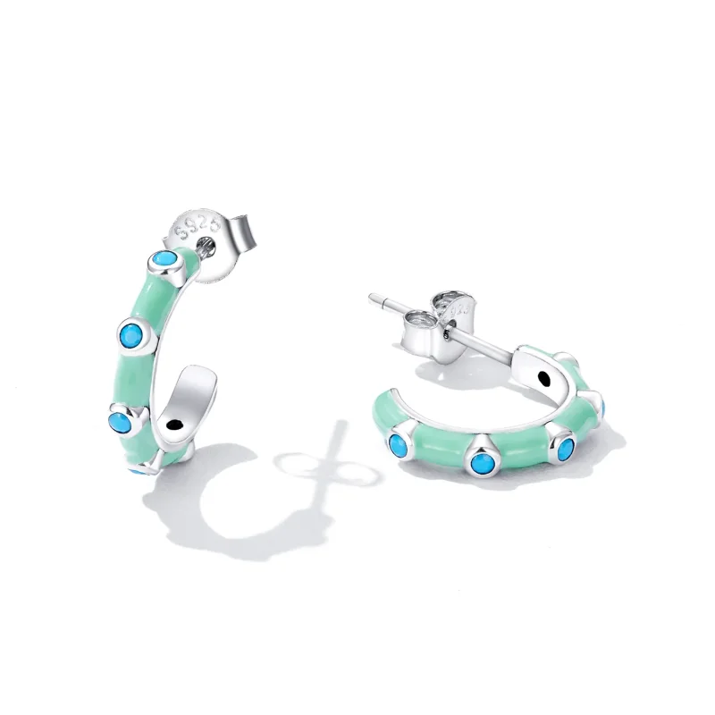 (imagine pentru) Pandora Style Turquoise Half Circle Stud Earrings - SCE1404 - Vizualizare 2