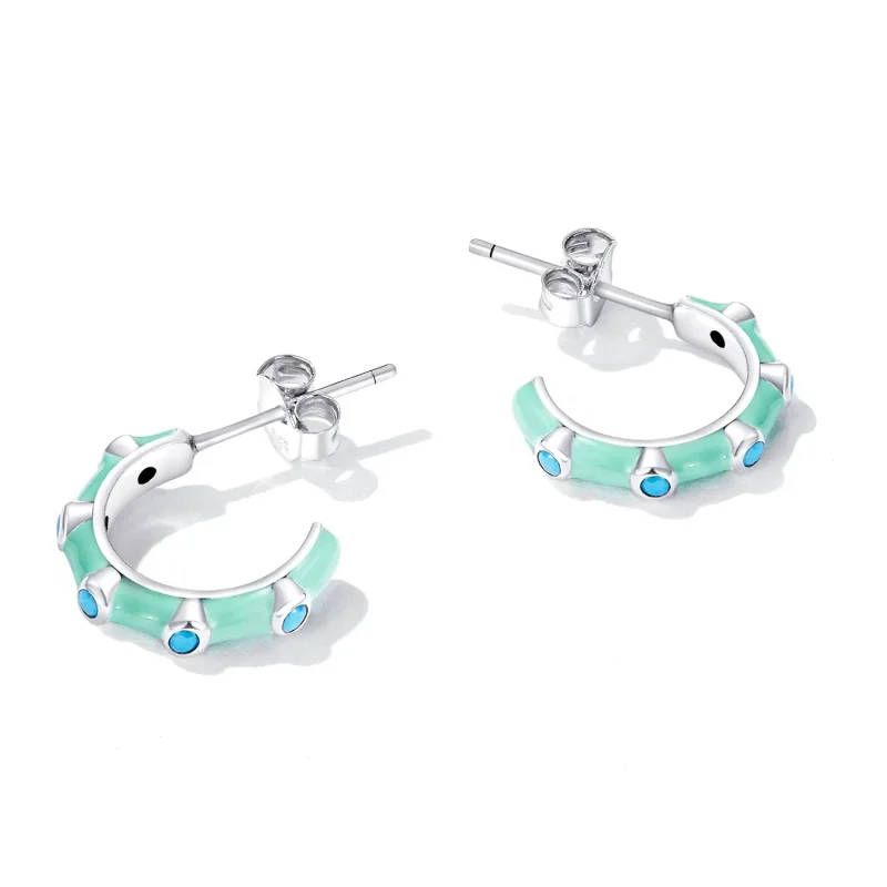 (imagine pentru) Pandora Style Turquoise Half Circle Stud Earrings - SCE1404 - Vizualizare 3