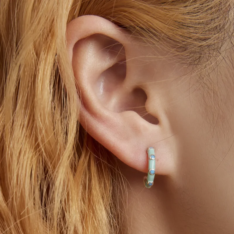(imagine pentru) Pandora Style Turquoise Half Circle Stud Earrings - SCE1404 - Vizualizare 6