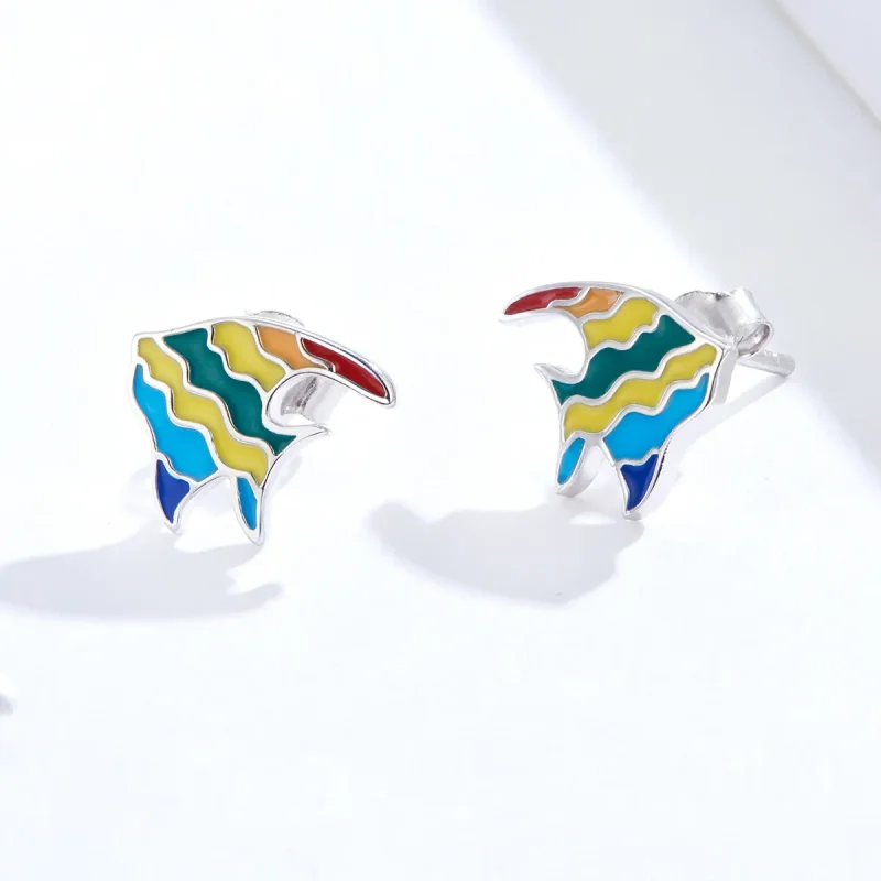 (imagine pentru) Stud earrings în stilul Pandora cu peștișor în culorile curcubeului - SCE824 - Vizualizare 3