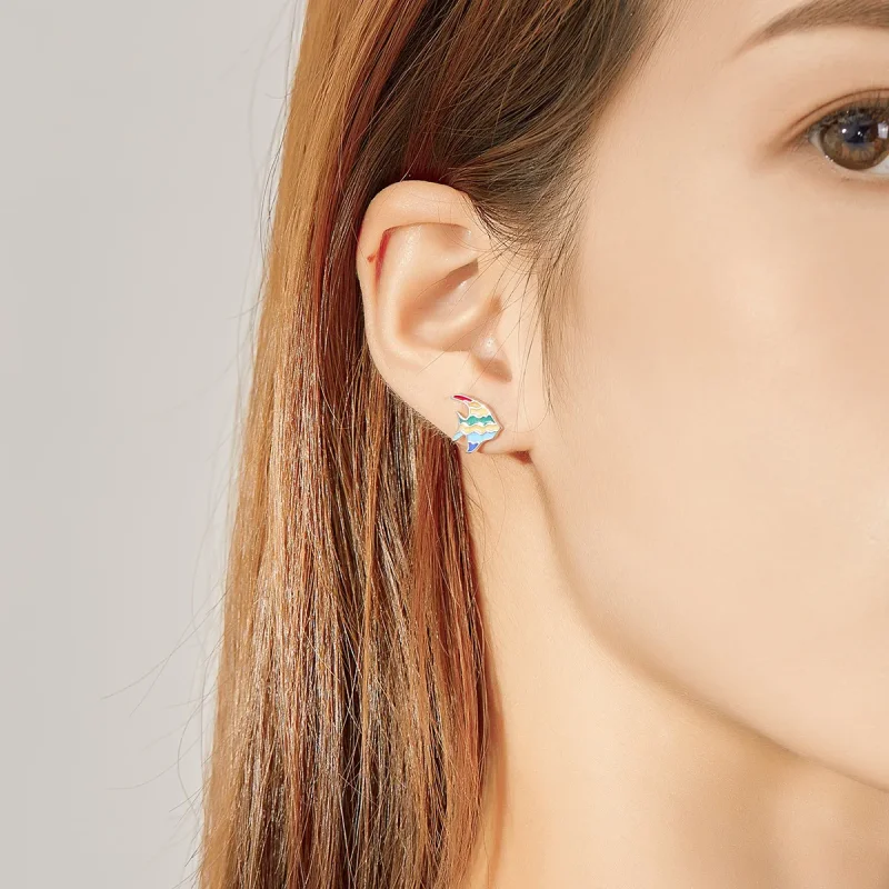 (imagine pentru) Stud earrings în stilul Pandora cu peștișor în culorile curcubeului - SCE824 - Vizualizare 7