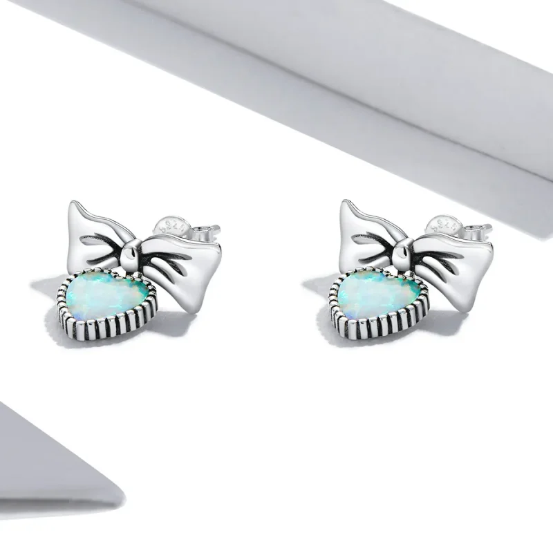(imagine pentru) Stud Earrings - SCE1374 în stilul Pandora cu inimă din opal și arc - Vizualizare 2