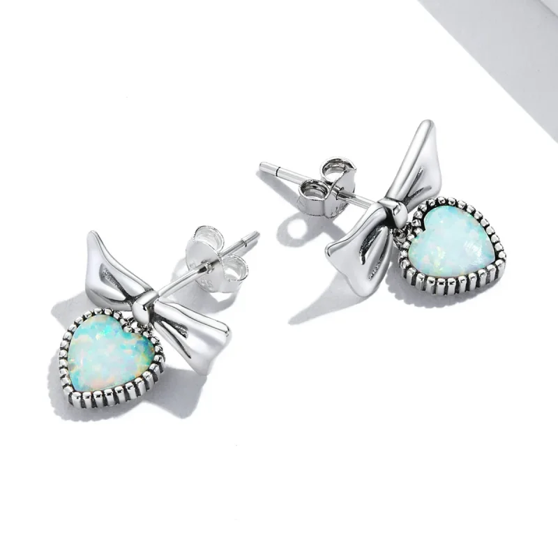 (imagine pentru) Stud Earrings - SCE1374 în stilul Pandora cu inimă din opal și arc - Vizualizare 4