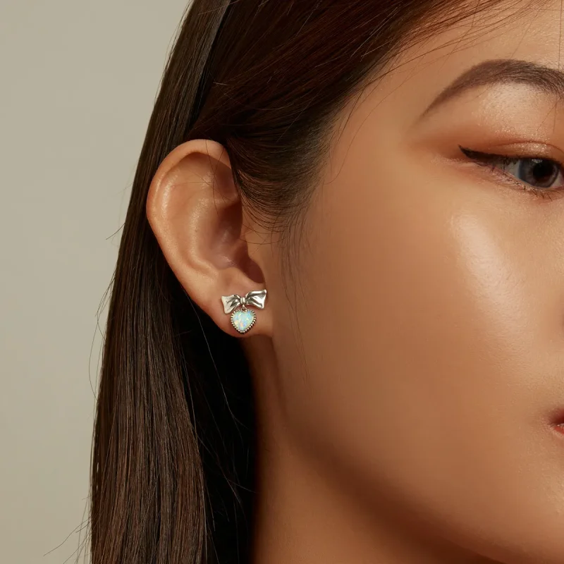 (imagine pentru) Stud Earrings - SCE1374 în stilul Pandora cu inimă din opal și arc - Vizualizare 5