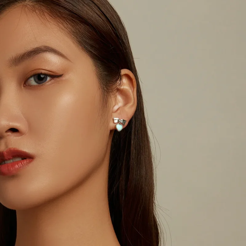 (imagine pentru) Stud Earrings - SCE1374 în stilul Pandora cu inimă din opal și arc - Vizualizare 6