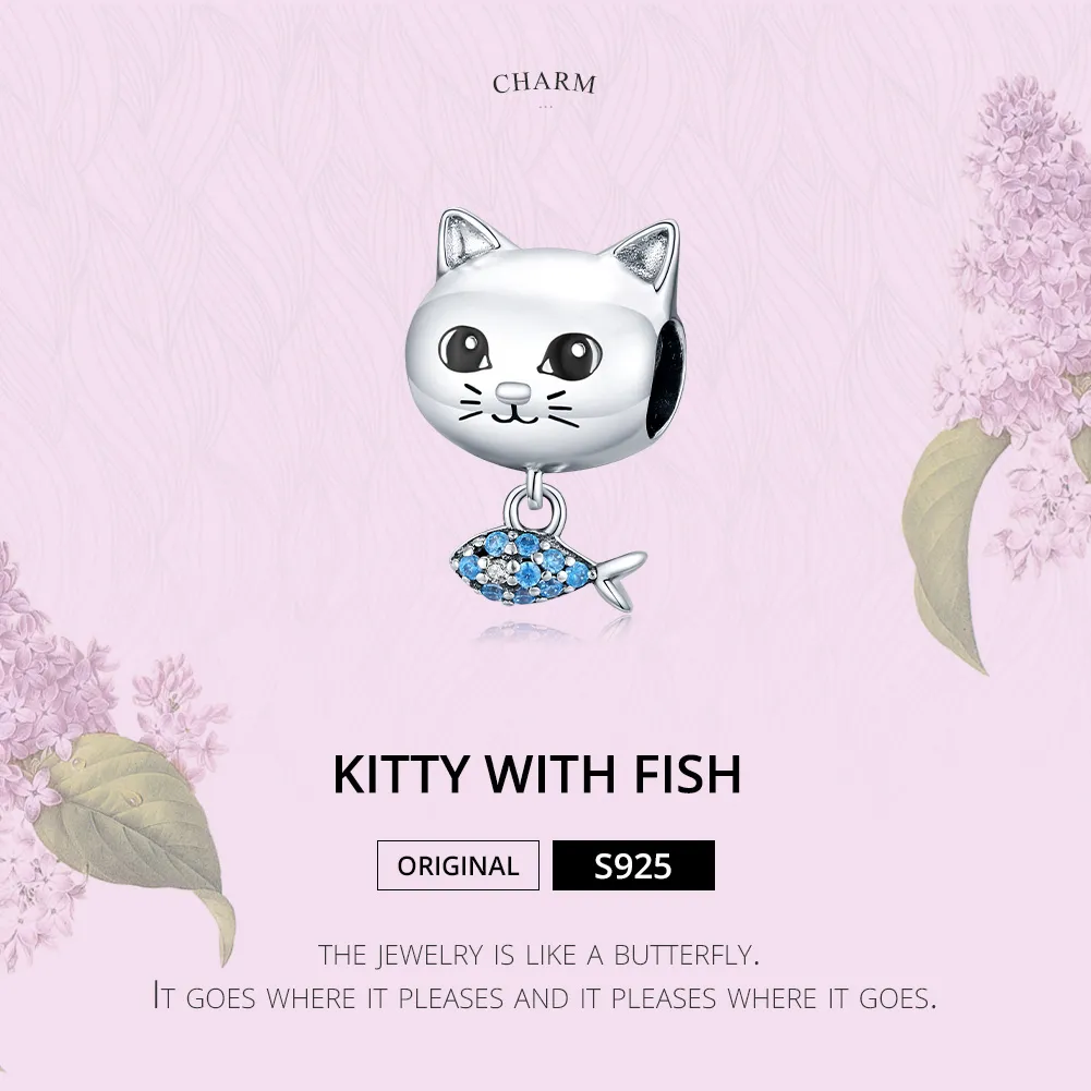Talisman Tip Pandora Kitty Love Fish din argint - BSC226