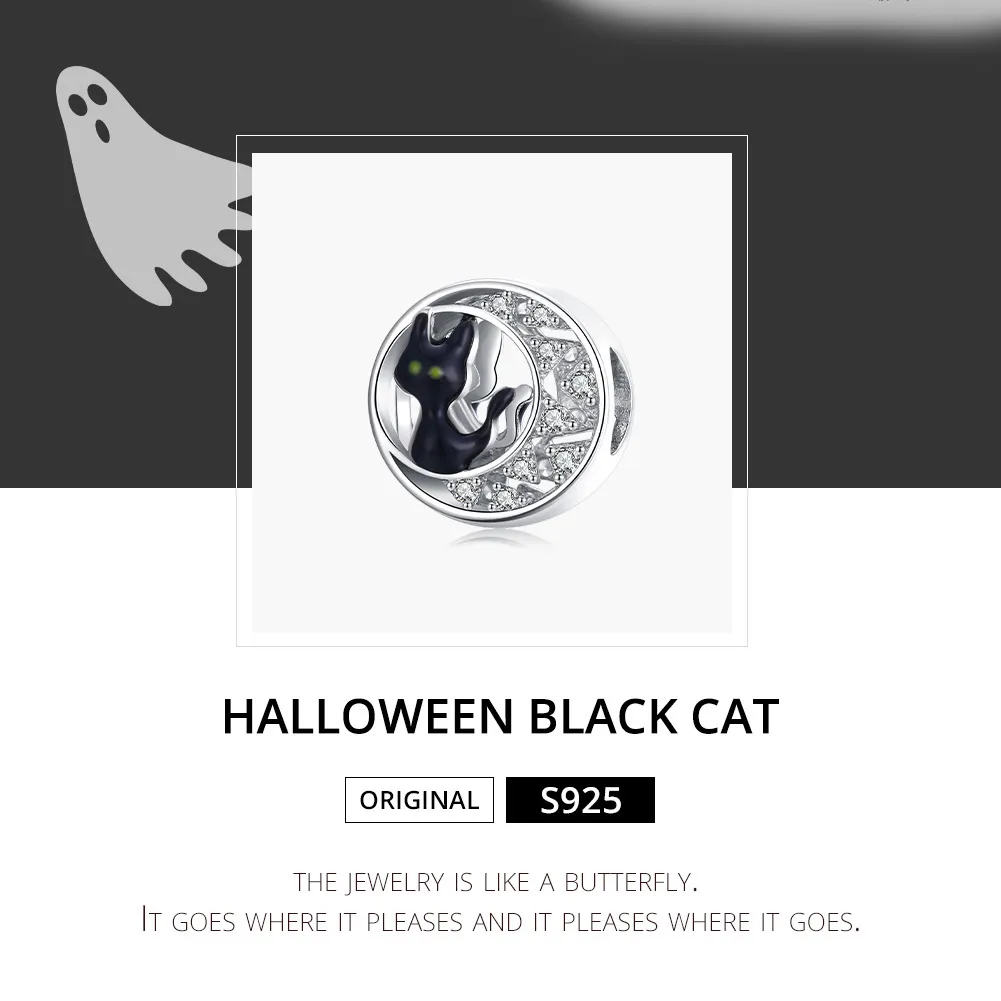 Talisman Tip Pandora Pisica neagră de Halloween din argint - BSC325