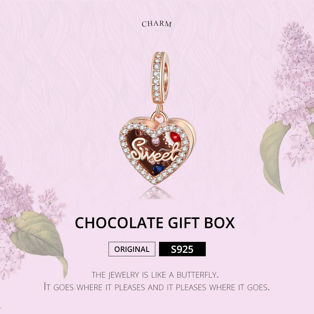 Talisman pandantiv Tip Pandora cu Cutie cadou ciocolată din aur rose - SCC1670