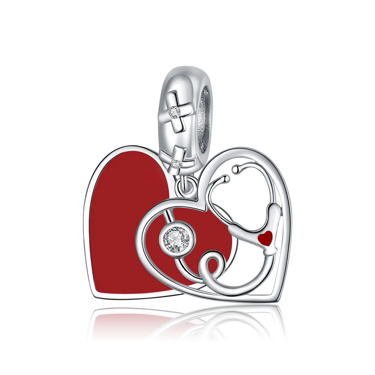 Talisman pandantiv Tip Pandora cu Stetoscop cu inimă roșie din argint - BSC308