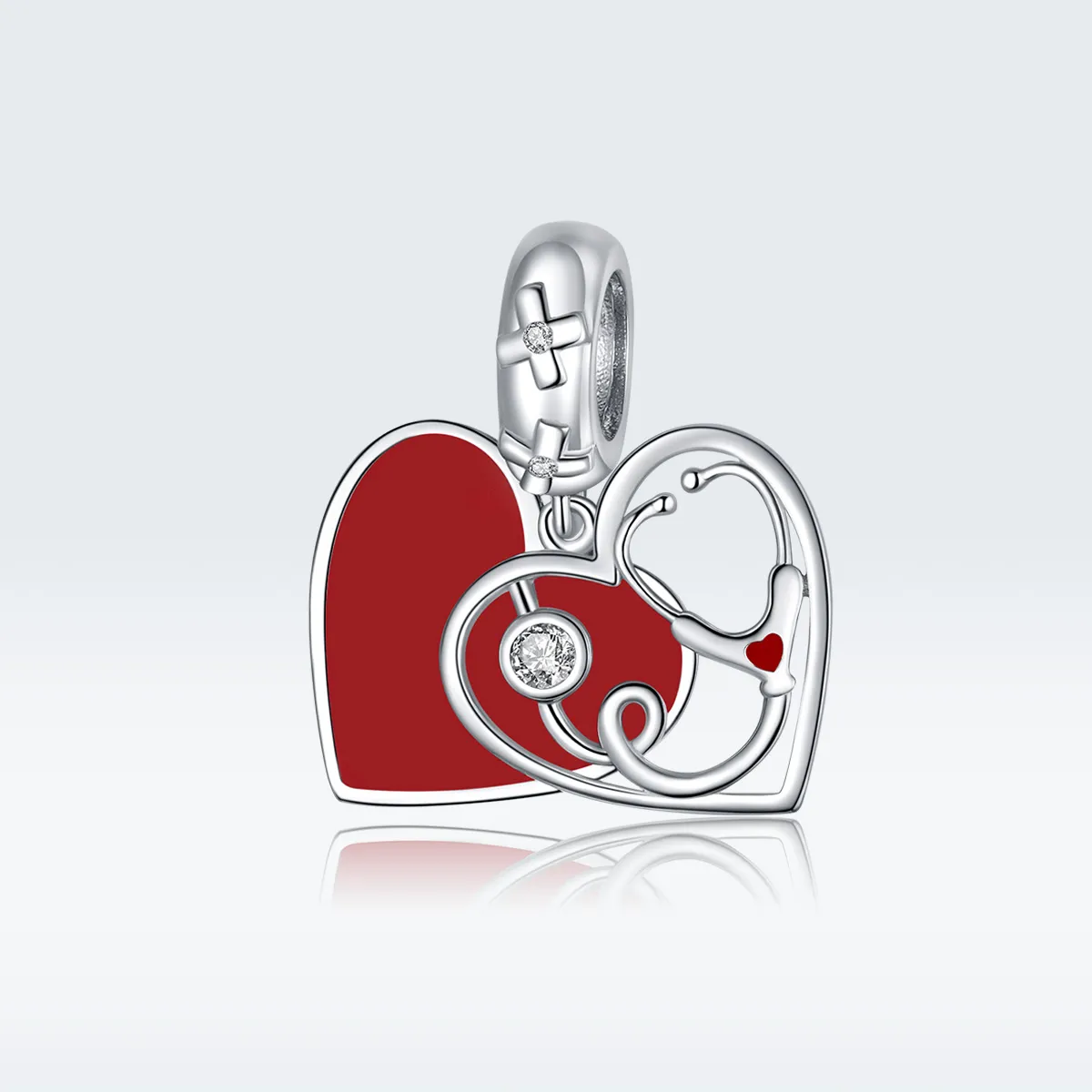 Talisman pandantiv Tip Pandora cu Stetoscop cu inimă roșie din argint - BSC308
