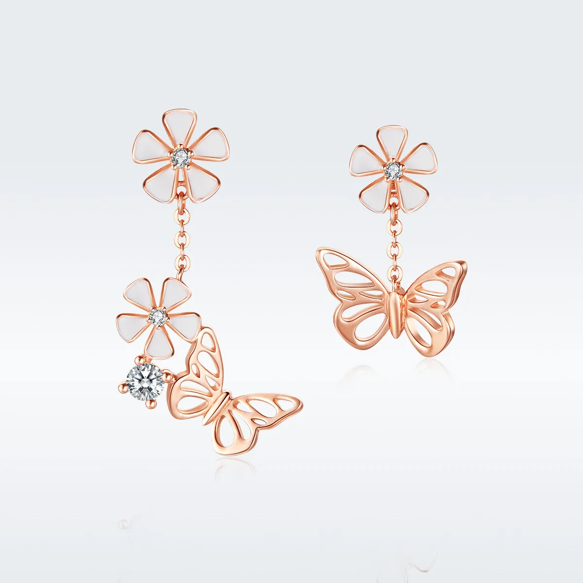 Cercei lungi Tip Pandora cu Fluture dansant din aur rose - BSE100