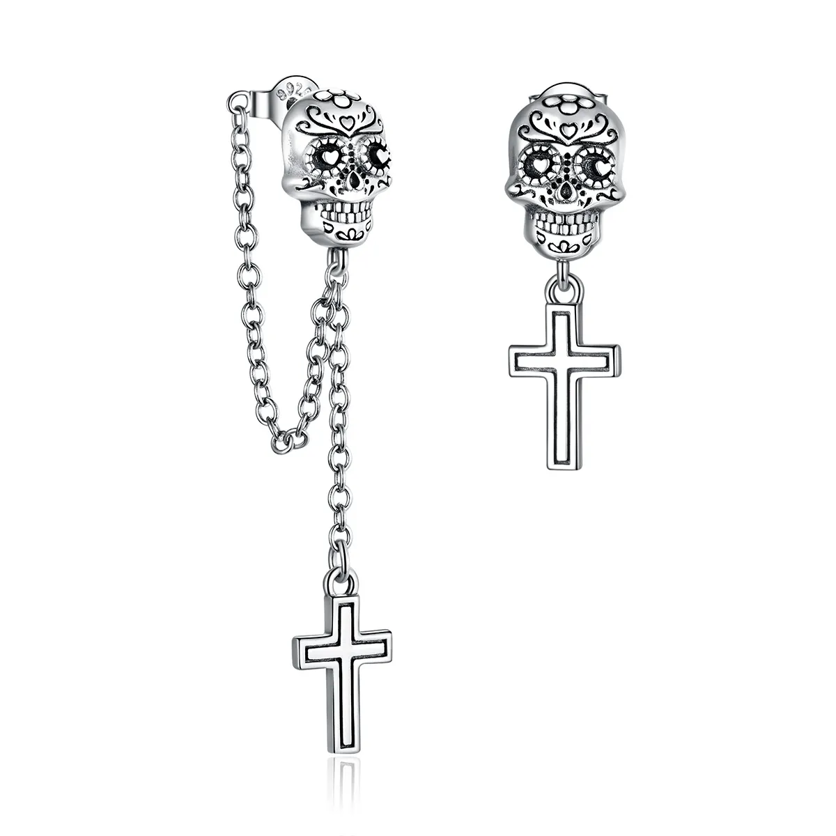 stil pandora cercei dangle cu cruce și cranii argintii bse419