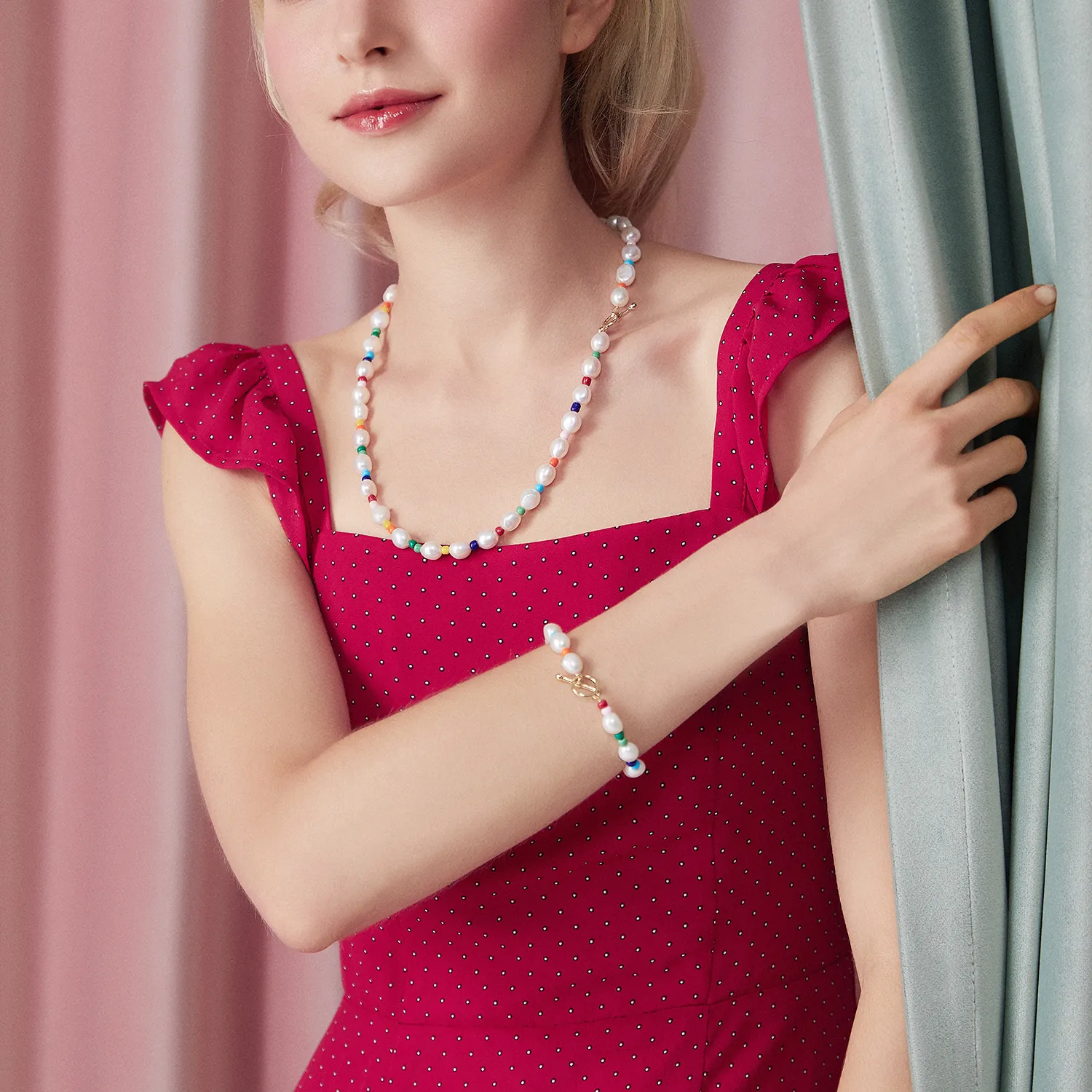 Brățară cu mărgele în stilul Pandora, cu perle în culorile curcubeului - BSB074