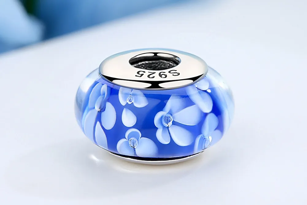 Pandora Stilul Blue Murano Glass White Flowers Charm - SCZ006